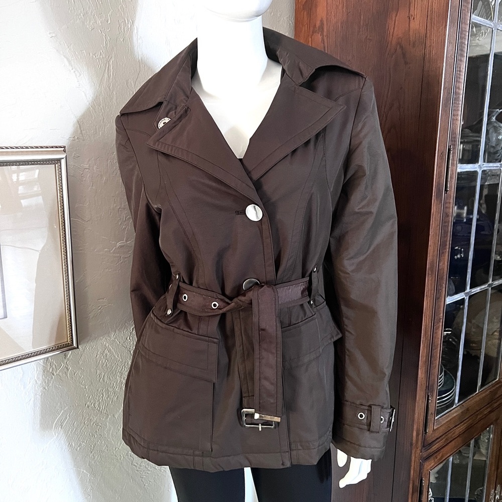 Women’s Gallery Dark Brown Belted Short Rain Trench/Jacket Sz Medium
